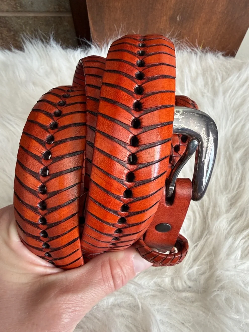 Burnt orange brown fishtail herringbone leather belt Mexican brass buckle 56